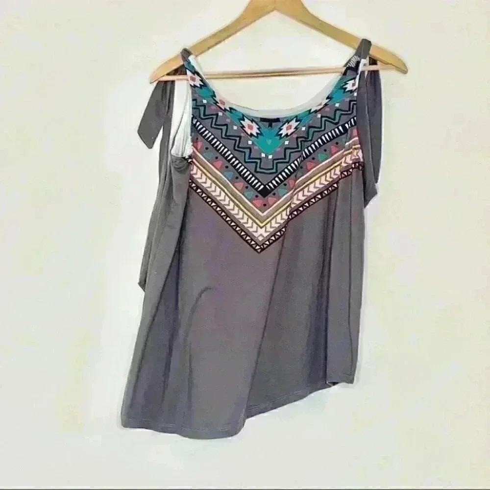 Nanu adjustable tie strap relaxed tank Sz Xl gray Diamond tribal accents